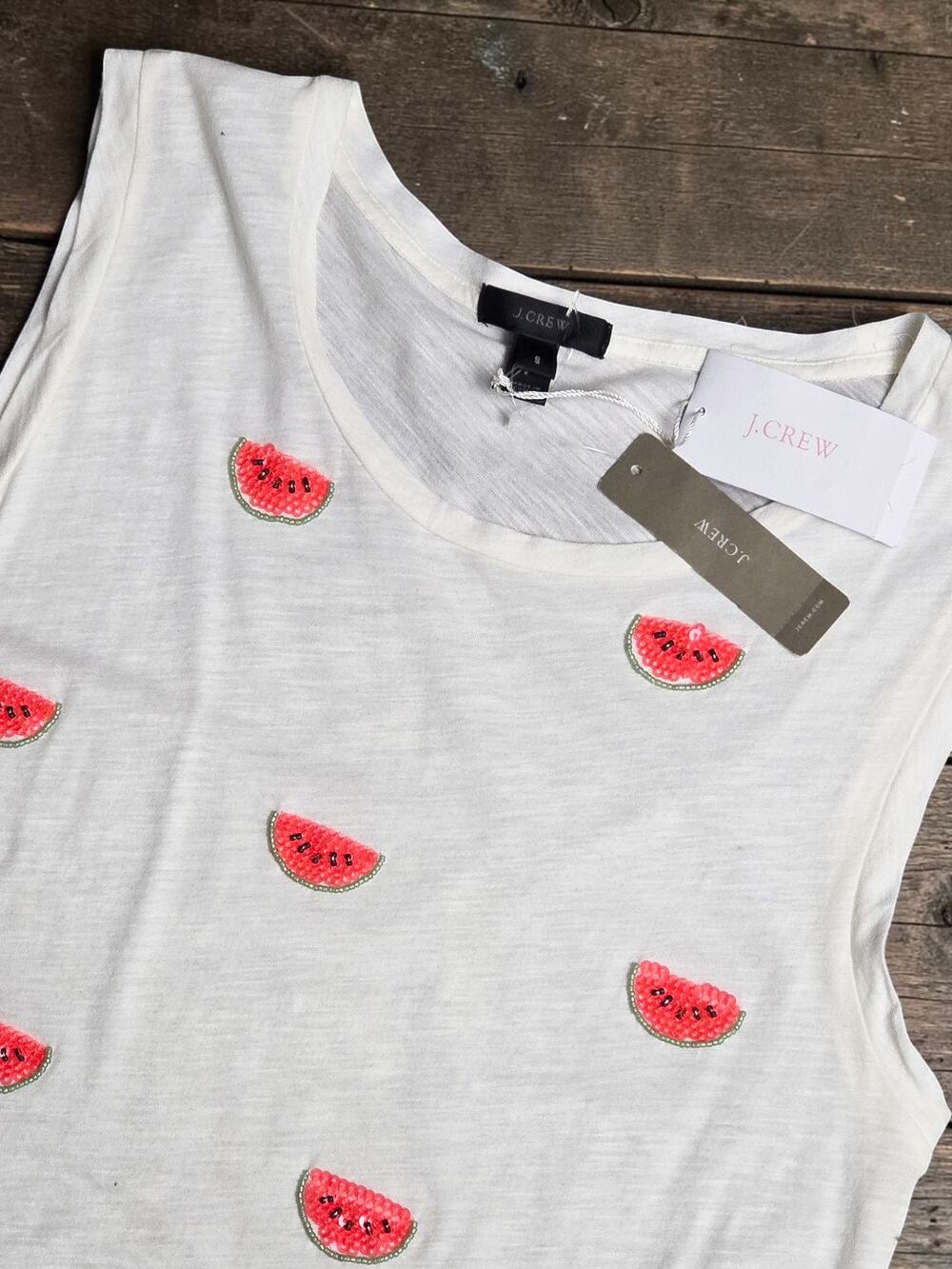 J. CREW White Soft Tank Top Sequins Pink Watermelons Shirt New S J.Crew